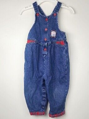 Vtg 90s Oshkosh B'gosh Vestbek Dark Wash Denim Pant Overalls Red Plaid Trim 3T